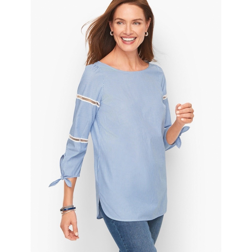 Talbots Striped Boatneck Tunic Womens L Blue White Lace Sleeve Nautical Preppy